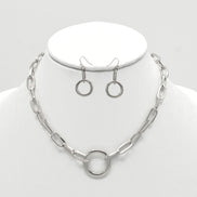 SILVER RECTANGLE LINK CHAIN AND ROUND PENDANT NECKLACE AND EARRINGS SET #HNN+E90843SL(IB19)