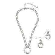 SILVER RECTANGLE LINK CHAIN AND ROUND PENDANT NECKLACE AND EARRINGS SET #HNN+E90843SL(IB19)