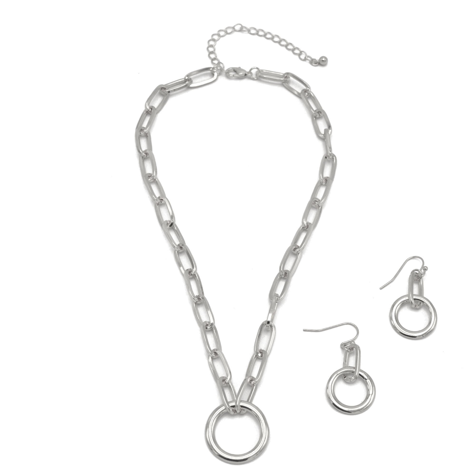 SILVER RECTANGLE LINK CHAIN AND ROUND PENDANT NECKLACE AND EARRINGS SET #HNN+E90843SL(IB19)