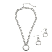 SILVER RECTANGLE LINK CHAIN AND ROUND PENDANT NECKLACE AND EARRINGS SET #HNN+E90841SL(sf11)