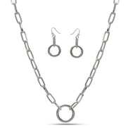 SILVER RECTANGLE LINK CHAIN AND ROUND PENDANT NECKLACE AND EARRINGS SET #HNN+E90843SL(IB19)