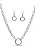 SILVER RECTANGLE LINK CHAIN AND ROUND PENDANT NECKLACE AND EARRINGS SET #HNN+E90843SL(IB19)