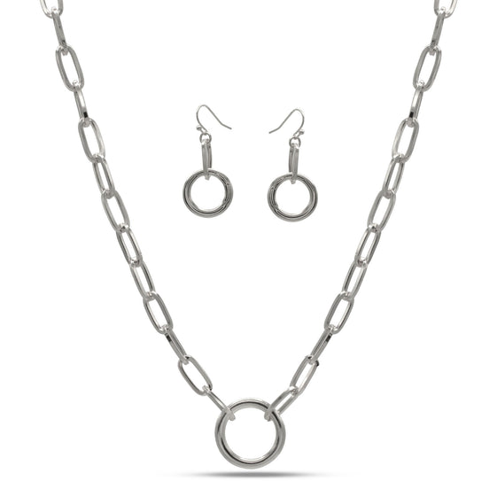 SILVER RECTANGLE LINK CHAIN AND ROUND PENDANT NECKLACE AND EARRINGS SET #HNN+E90843SL(IB19)