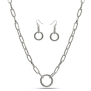 SILVER RECTANGLE LINK CHAIN AND ROUND PENDANT NECKLACE AND EARRINGS SET #HNN+E90841SL(sf11)