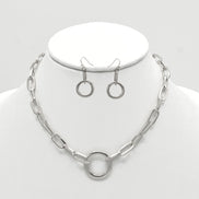 SILVER RECTANGLE LINK CHAIN AND ROUND PENDANT NECKLACE AND EARRINGS SET #HNN+E90841SL(sf11)