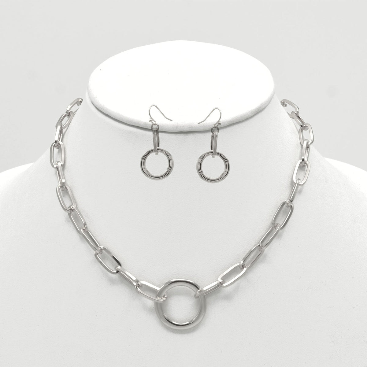 SILVER RECTANGLE LINK CHAIN AND ROUND PENDANT NECKLACE AND EARRINGS SET #HNN+E90841SL(sf11)