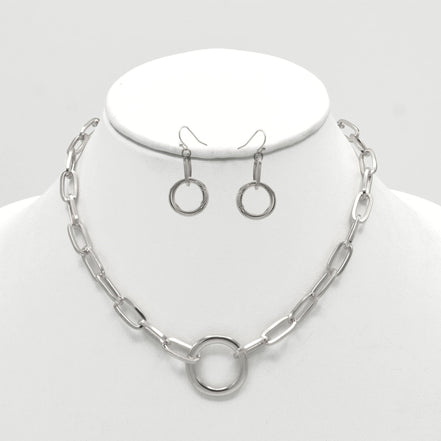 SILVER RECTANGLE LINK CHAIN AND ROUND PENDANT NECKLACE AND EARRINGS SET #HNN+E90841SL(sf11)