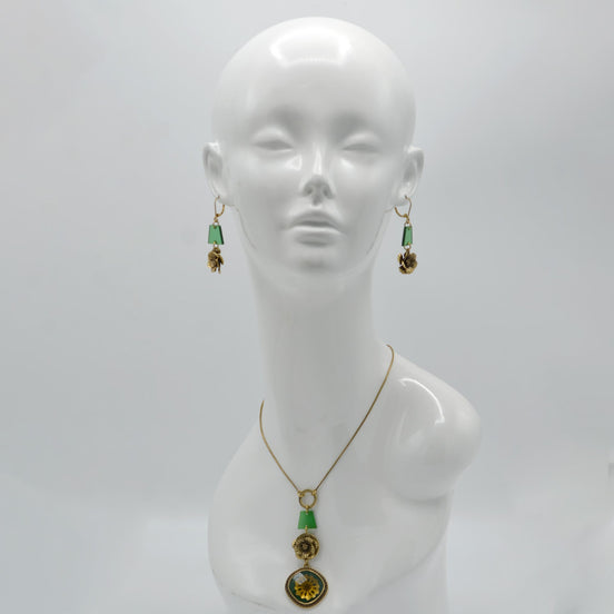 Antique Gold Flower and Green Square Faceted Pendant Necklaces #195TL12 (2C2)