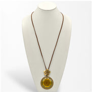 Antique Gold Flower and Green Round Faceted Pendant faux leather chain Necklaces #195TL1401 (2C2)