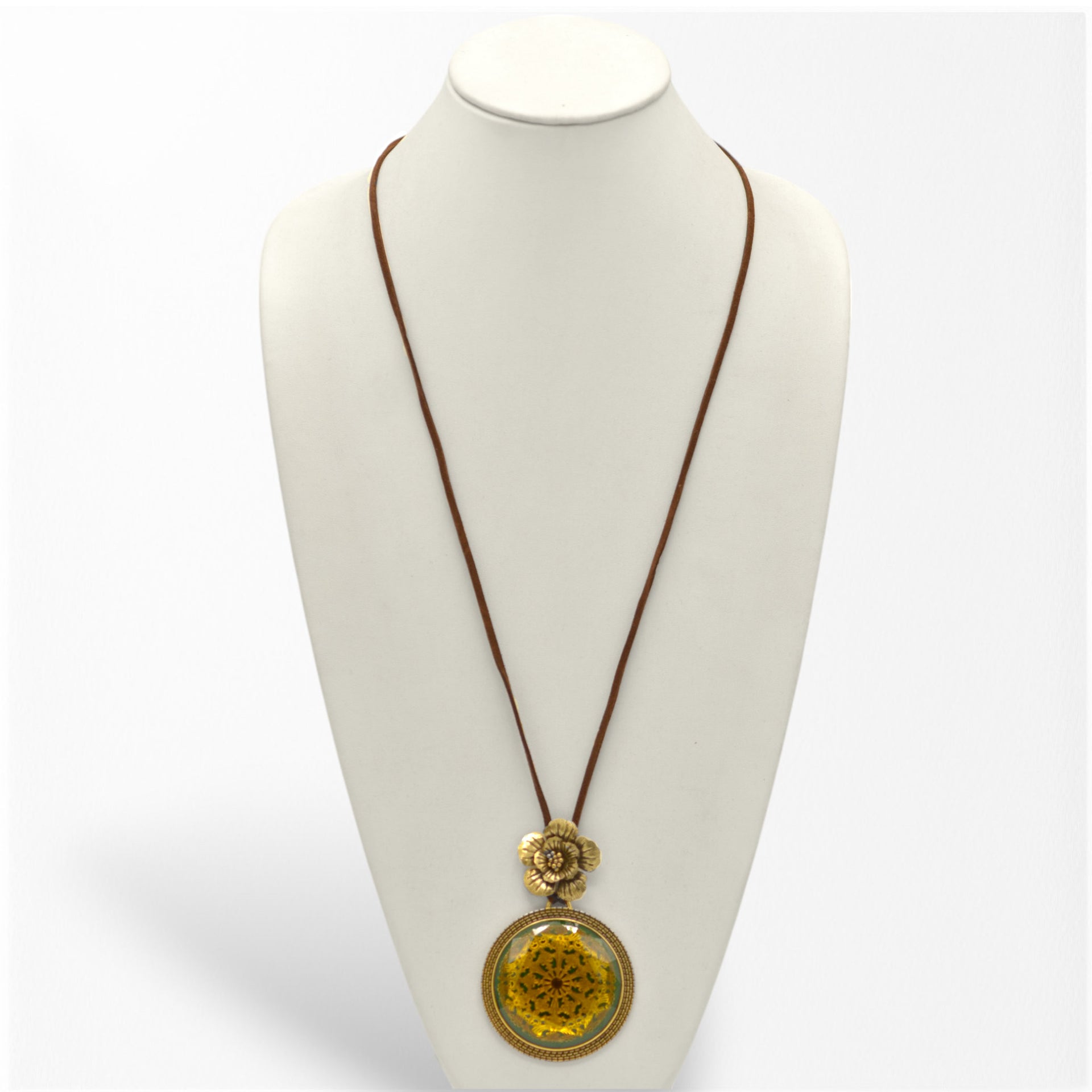 Antique Gold Flower and Green Round Faceted Pendant faux leather chain Necklaces #195TL1401 (2C2)