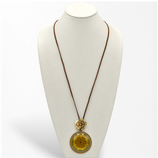 Antique Gold Flower and Green Round Faceted Pendant faux leather chain Necklaces #195TL1401 (2C2)