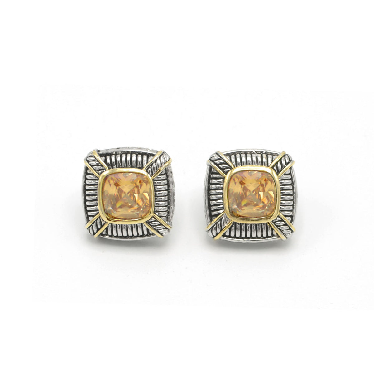TWO TONE CHAMPAGNE CRYSTAL SQUARE EARRINGS SET # 93012ER-CHM(FF16/FA8)