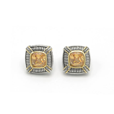 TWO TONE CHAMPAGNE CRYSTAL SQUARE EARRINGS SET # 93012ER-CHM(FF16/FA8)