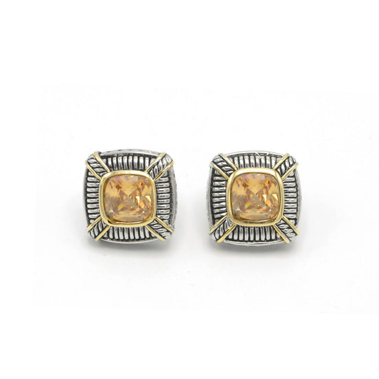 TWO TONE CHAMPAGNE CRYSTAL SQUARE EARRINGS SET # 93012ER-CHM(FF16/FA8)