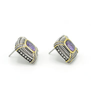 TWO TONE AMETHYST CRYSTAL SQUARE EARRINGS SET#93012ER-AM(FB8)
