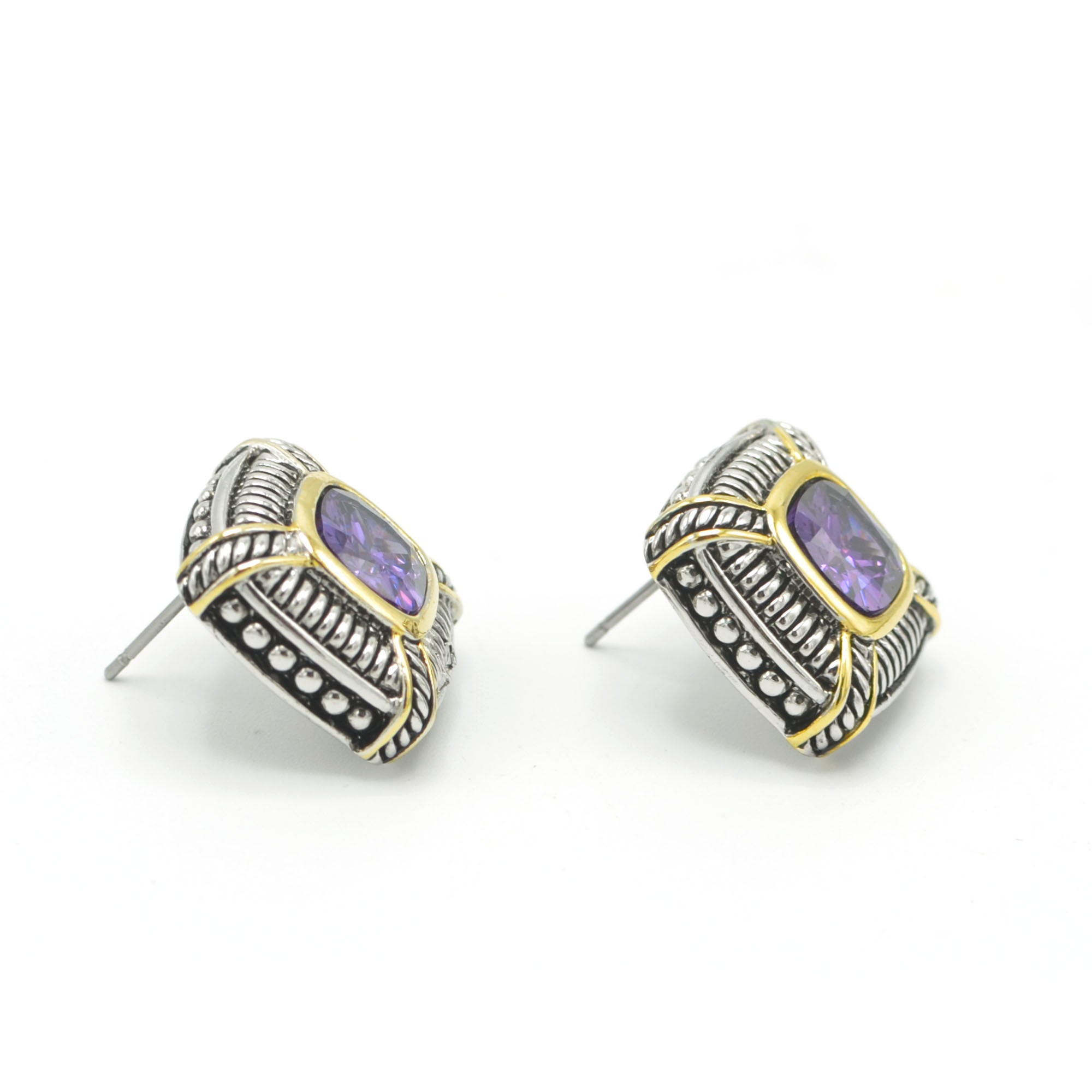 TWO TONE AMETHYST CRYSTAL SQUARE EARRINGS SET#93012ER-AM(FB8)