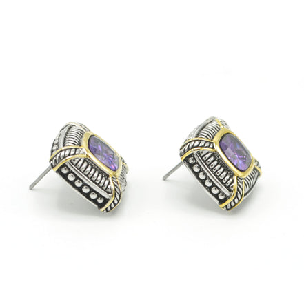 TWO TONE AMETHYST CRYSTAL SQUARE EARRINGS SET#93012ER-AM(FB8)