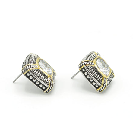 TWO TONE CLEAR CRYSTAL SQUARE EARRINGS SET#93012ER-CLR(FA7)
