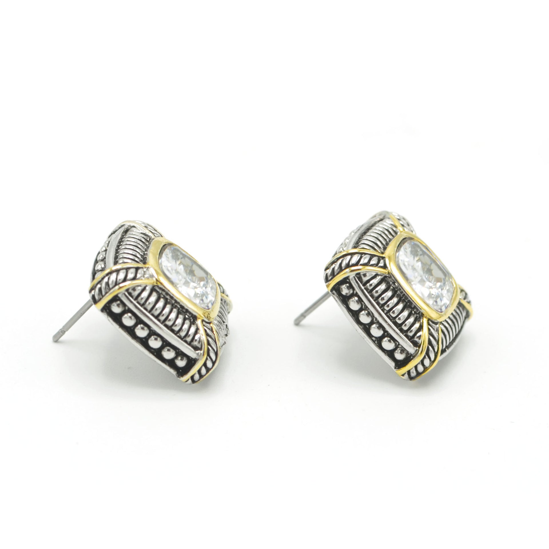 TWO TONE CLEAR CRYSTAL SQUARE EARRINGS SET#93012ER-CLR