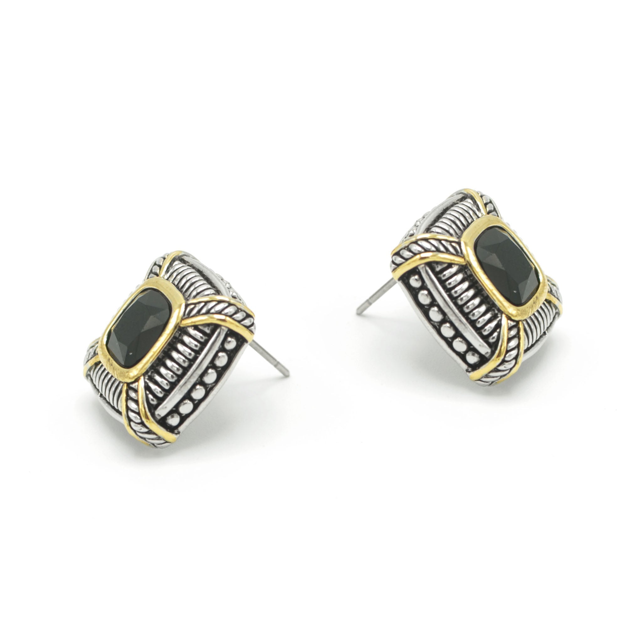 TWO TONE BLACK CRYSTAL SQUARE EARRINGS SET#93012ER-JET(FB6)