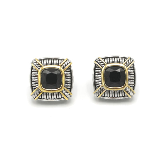 TWO TONE BLACK CRYSTAL SQUARE EARRINGS SET#93012ER-JET(FB6)