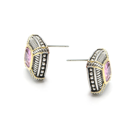 TWO TONE ROSE CRYSTAL SQUARE EARRINGS SET#93012ER-ROSE(FB7)