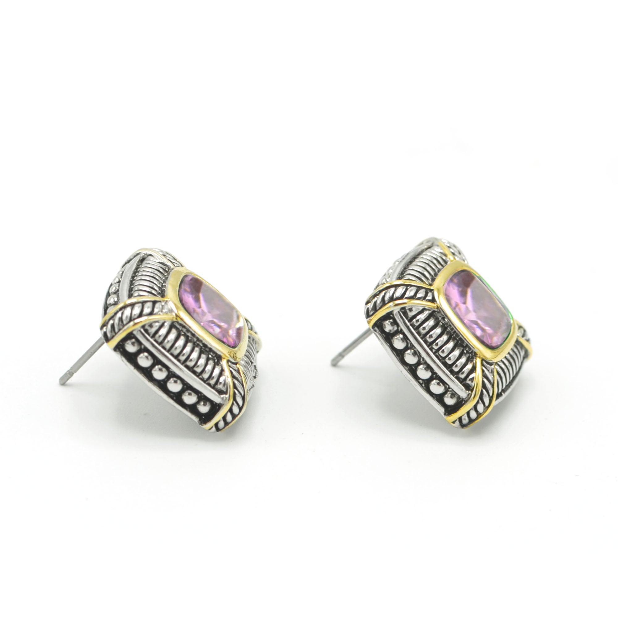 TWO TONE ROSE CRYSTAL SQUARE EARRINGS SET#93012ER-ROSE(FB7)