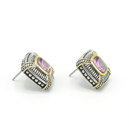 TWO TONE ROSE CRYSTAL SQUARE EARRINGS SET#93012ER-ROSE(FB7)