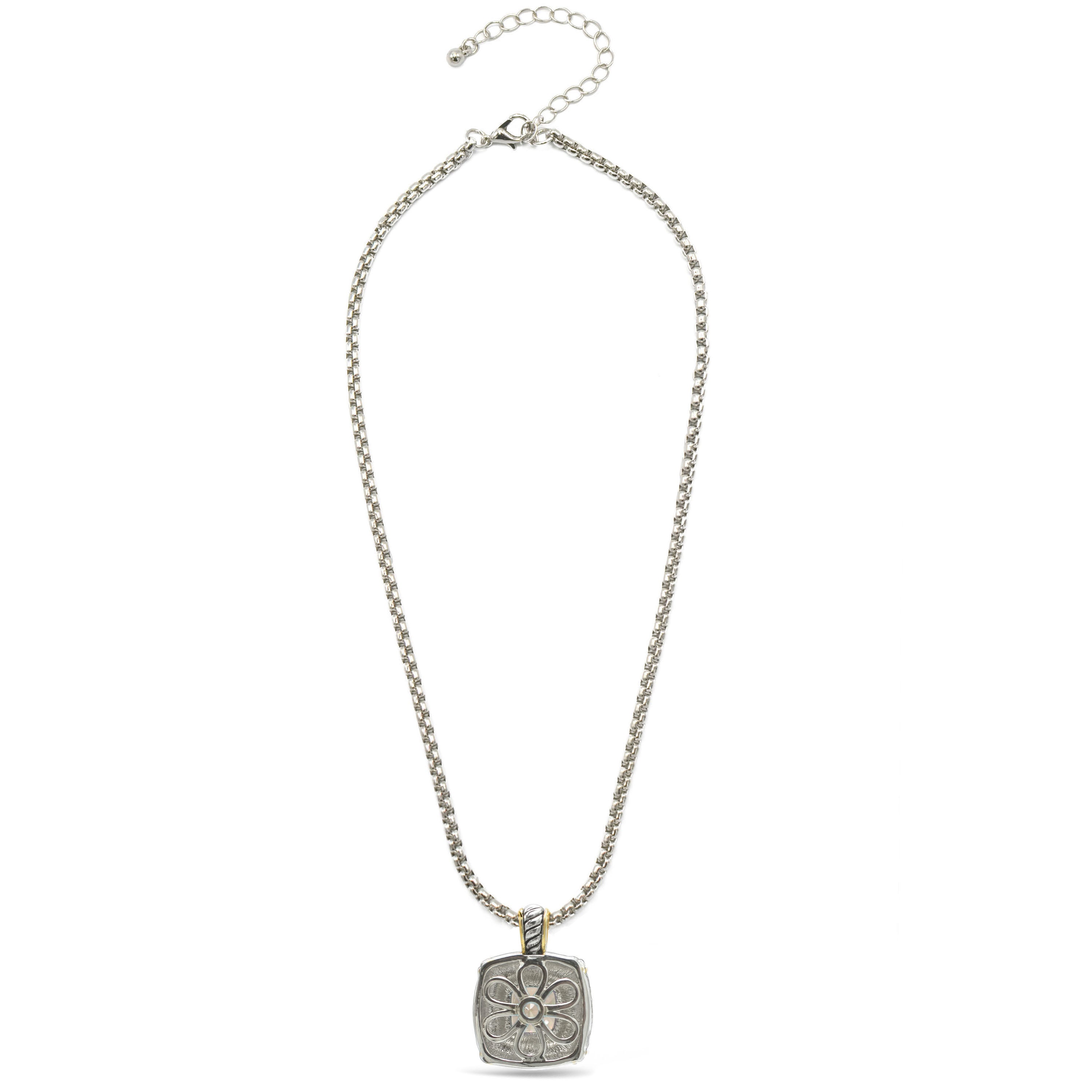 TWO TONE CHAMPAGNE CRYSTAL SQUARE PENDANT BOX CHAIN NECKLACE# 93012EH-CHAM(FE16/(FA17)
