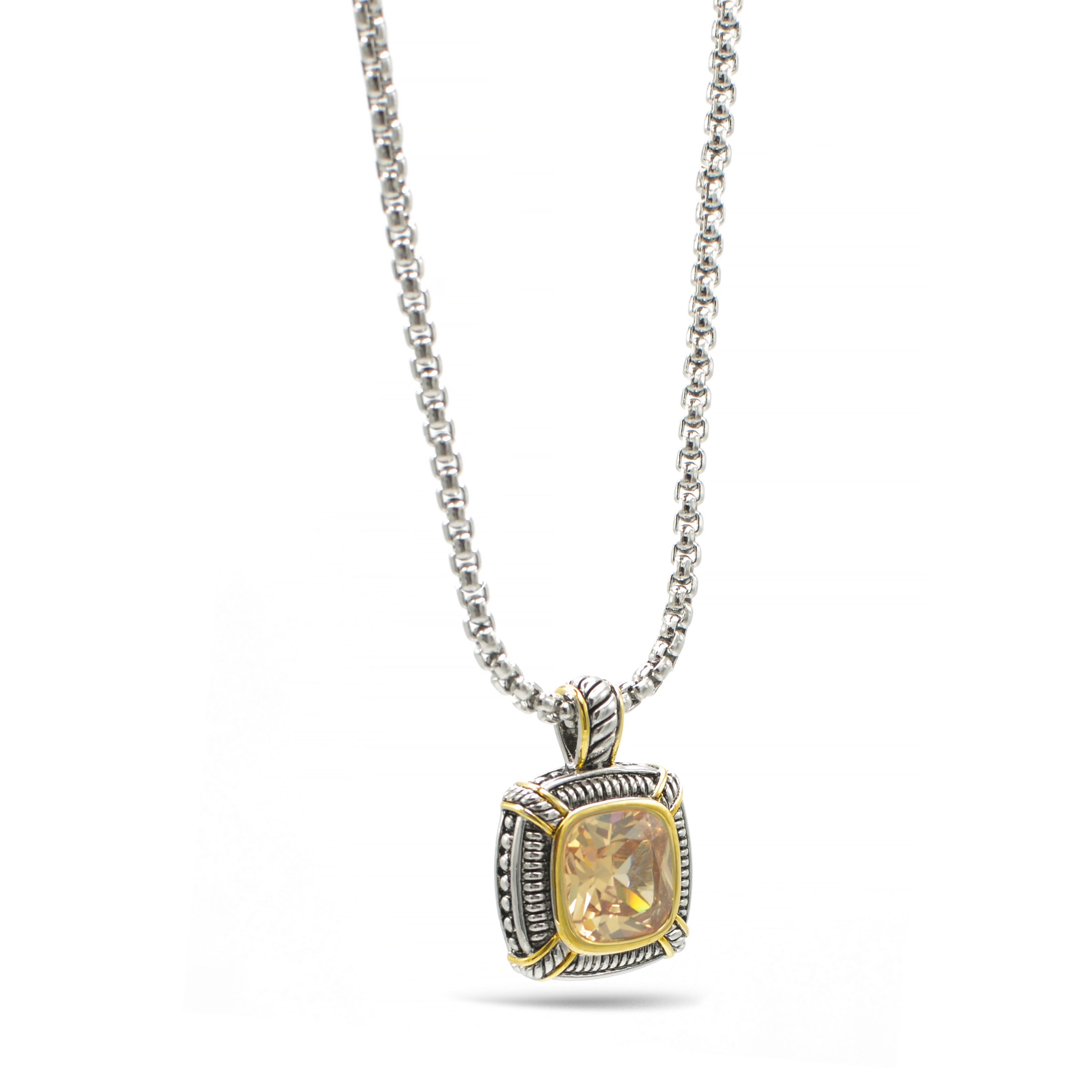 TWO TONE CHAMPAGNE CRYSTAL SQUARE PENDANT BOX CHAIN NECKLACE# 93012EH-CHAM(FE16/(FA17)