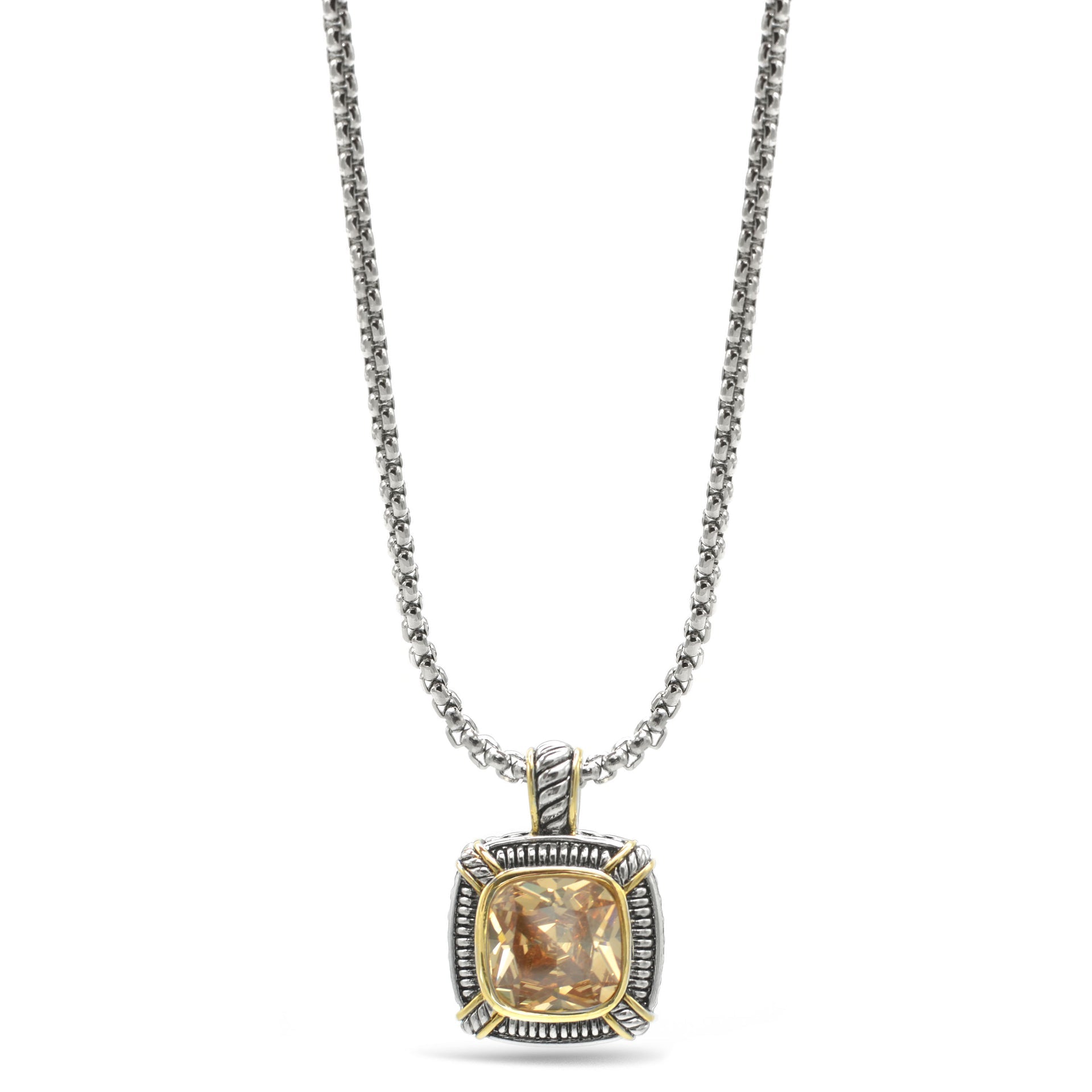 TWO TONE CHAMPAGNE CRYSTAL SQUARE PENDANT BOX CHAIN NECKLACE# 93012EH-CHAM(FE16/(FA17)