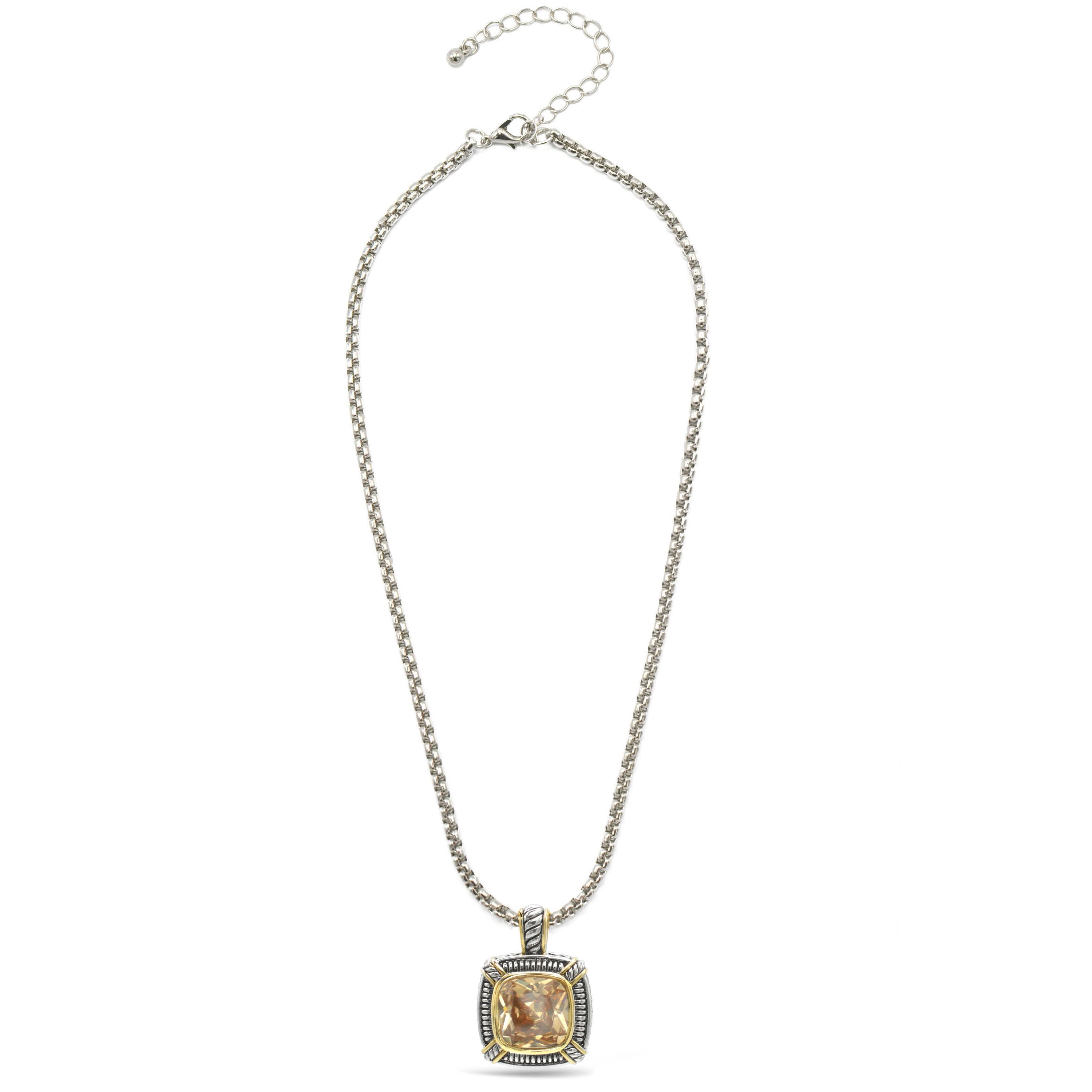 TWO TONE CHAMPAGNE CRYSTAL SQUARE PENDANT BOX CHAIN NECKLACE# 93012EH-CHAM(FE16/(FA17)