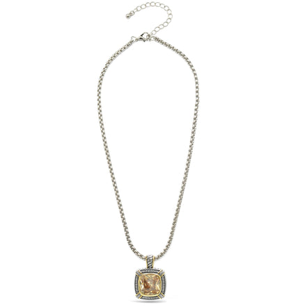 TWO TONE CHAMPAGNE CRYSTAL SQUARE PENDANT BOX CHAIN NECKLACE# 93012EH-CHAM(FE16/(FA17)