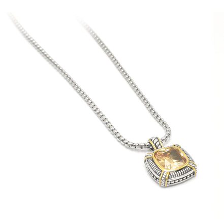 TWO TONE CHAMPAGNE CRYSTAL SQUARE PENDANT BOX CHAIN NECKLACE# 93012EH-CHAM(FE16/(FA17)