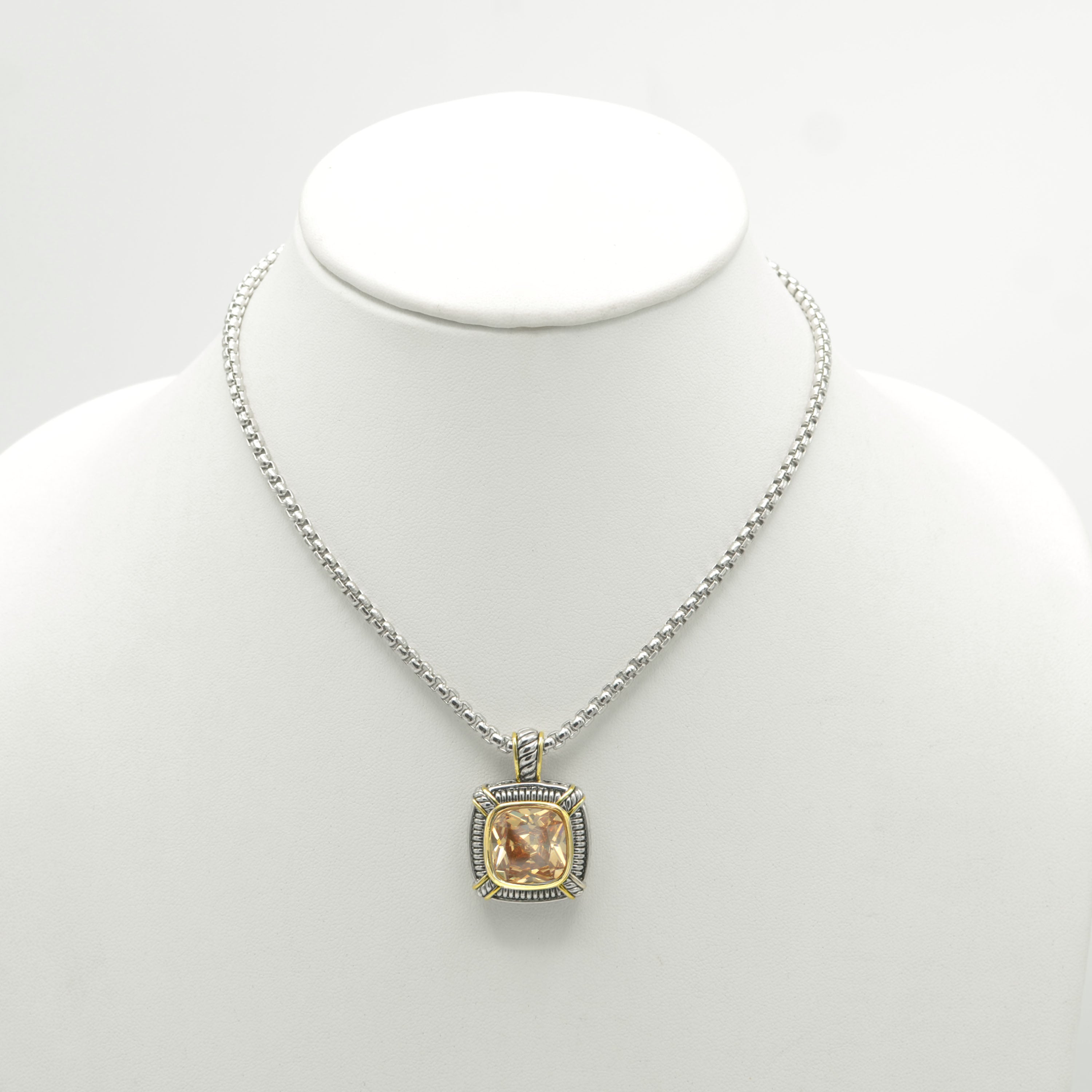 TWO TONE CHAMPAGNE CRYSTAL SQUARE PENDANT BOX CHAIN NECKLACE# 93012EH-CHAM(FE16/(FA17)