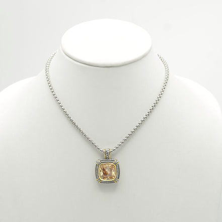 TWO TONE CHAMPAGNE CRYSTAL SQUARE PENDANT BOX CHAIN NECKLACE# 93012EH-CHAM(FE16/(FA17)