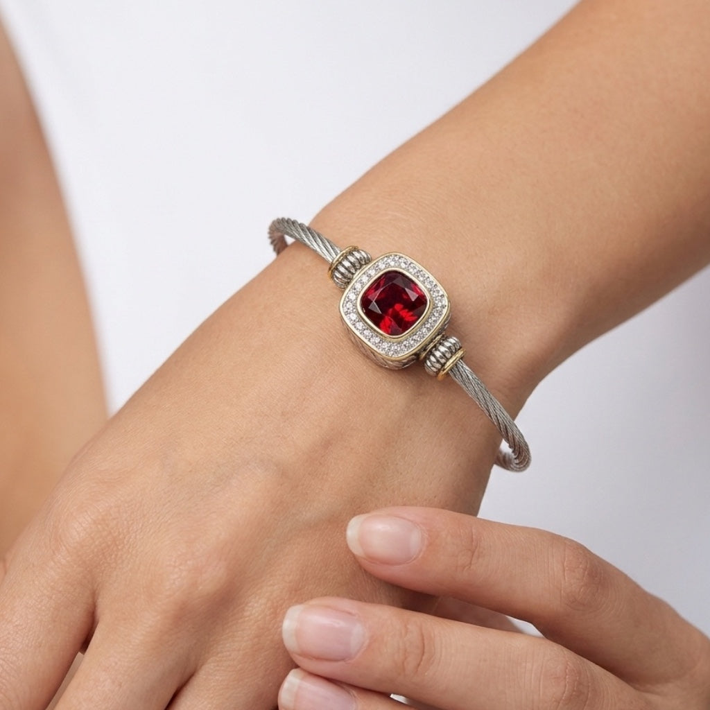 Two-Tone Twisted Cable Bangle Bracelet with Faux Ruby Cushion#93099BR-Red (FF13)