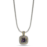 TWO TONE SQUARE AMETHYST CRYSTAL AND RHINESTONES ENGRAVED PENDANT BOX CHAIN NECKLACE  #93099EH-AM (FF15)