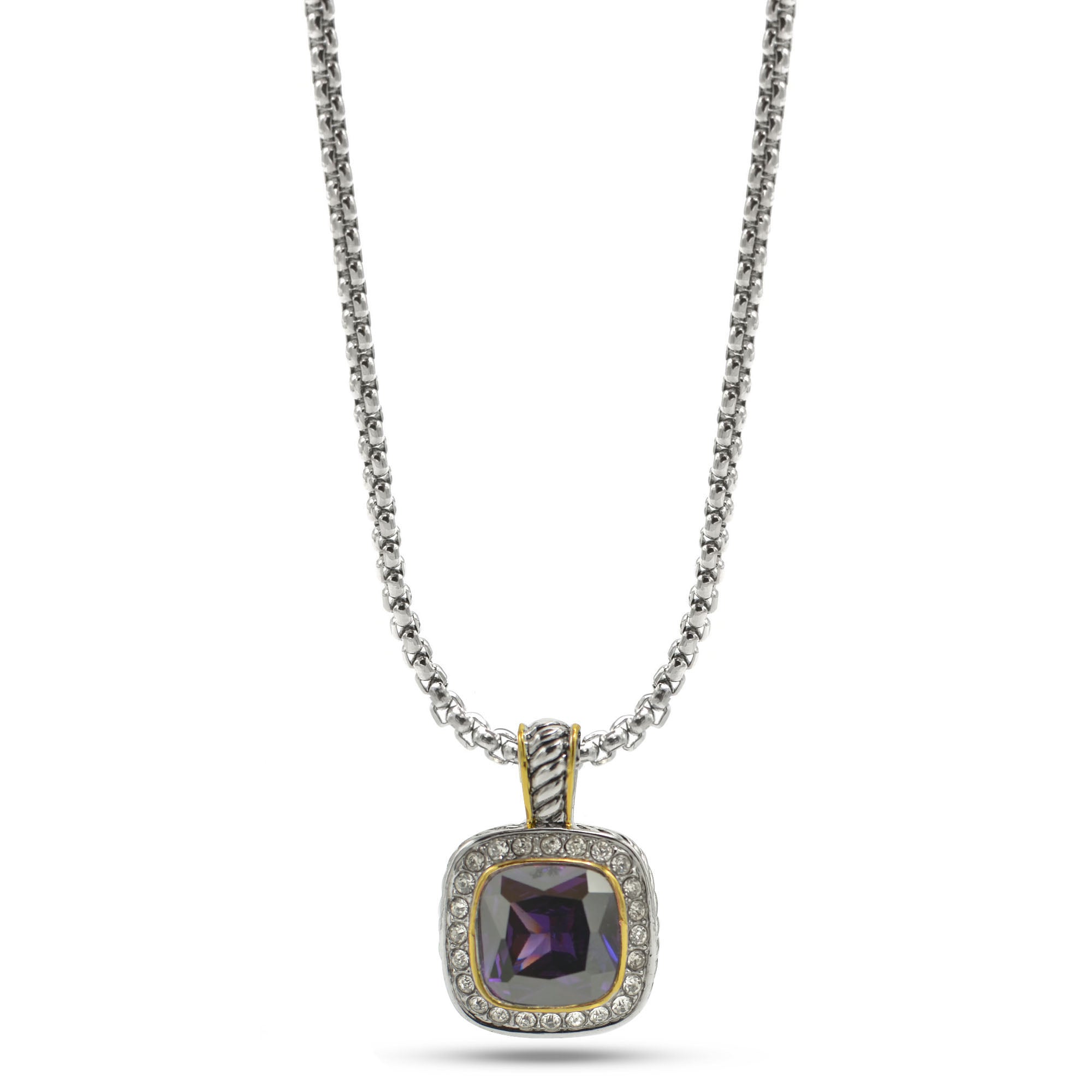 TWO TONE SQUARE AMETHYST CRYSTAL AND RHINESTONES ENGRAVED PENDANT BOX CHAIN NECKLACE  #93099EH-AM (FF15)
