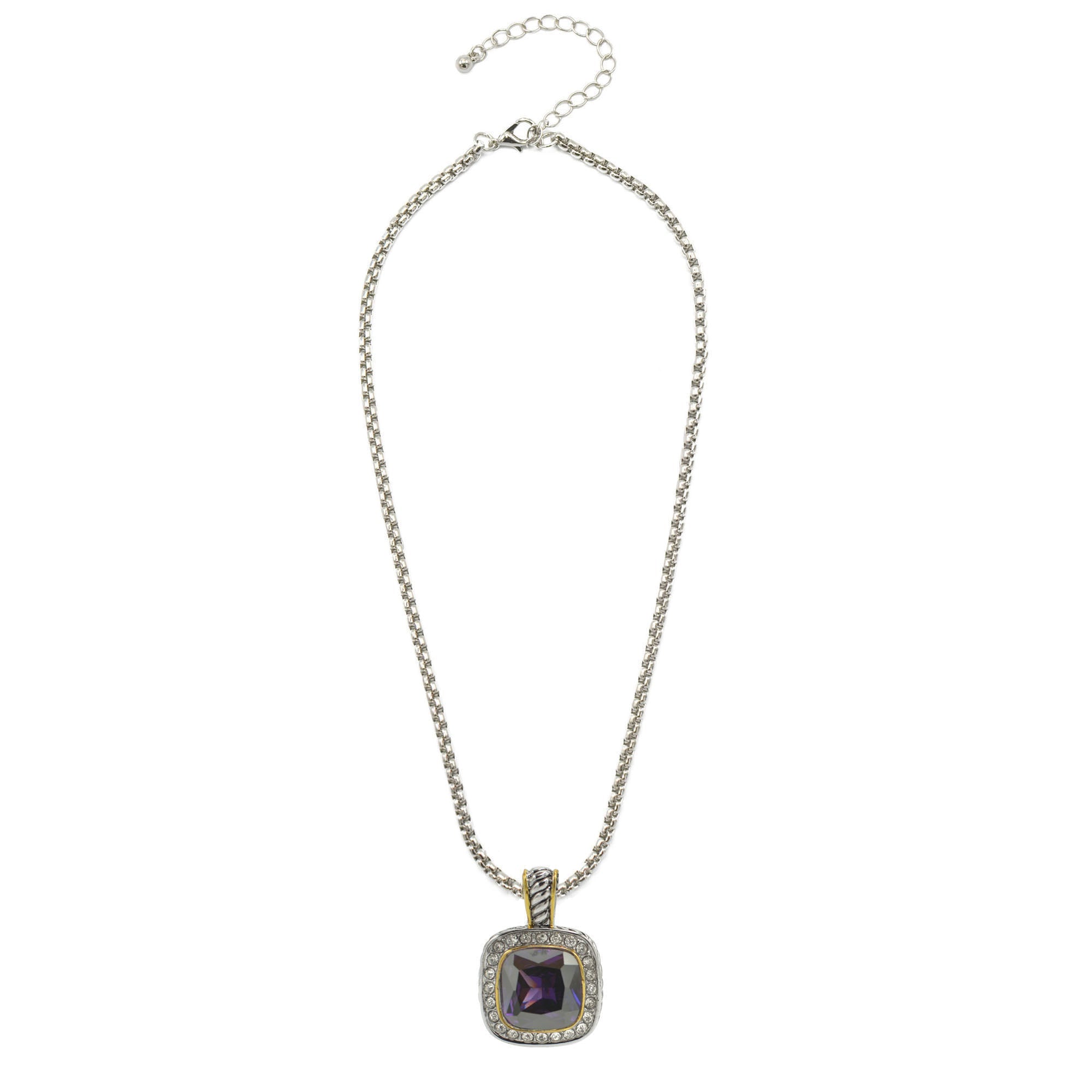 TWO TONE SQUARE AMETHYST CRYSTAL AND RHINESTONES ENGRAVED PENDANT BOX CHAIN NECKLACE  #93099EH-AM (FF15)