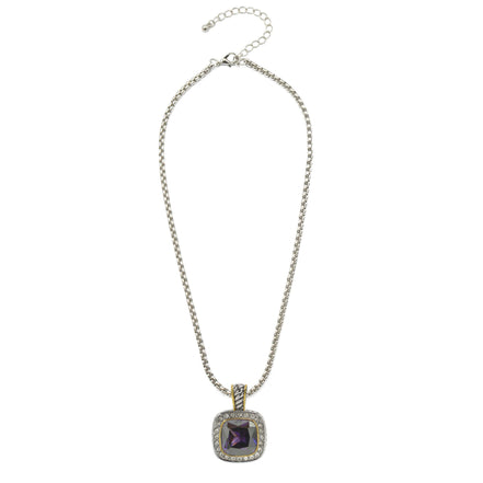 TWO TONE SQUARE AMETHYST CRYSTAL AND RHINESTONES ENGRAVED PENDANT BOX CHAIN NECKLACE  #93099EH-AM (FF15)
