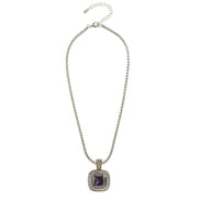 TWO TONE SQUARE AMETHYST CRYSTAL AND RHINESTONES ENGRAVED PENDANT BOX CHAIN NECKLACE  #93099EH-AM (FF15)