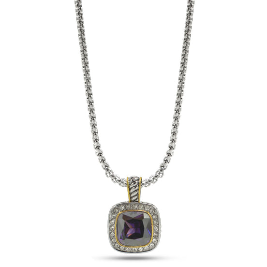 TWO TONE SQUARE AMETHYST CRYSTAL AND RHINESTONES ENGRAVED PENDANT BOX CHAIN NECKLACE  #93099EH-AM (FF15)