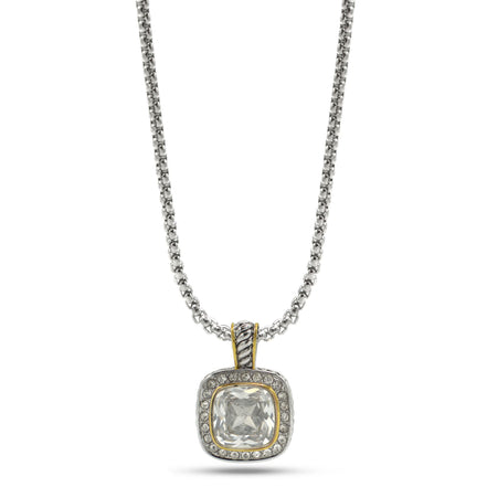 TWO TONE SQUARE CLEAR CRYSTAL AND RHINESTONES ENGRAVED PENDANT BOX CHAIN NECKLACE #93099EH-CLEAR FF12