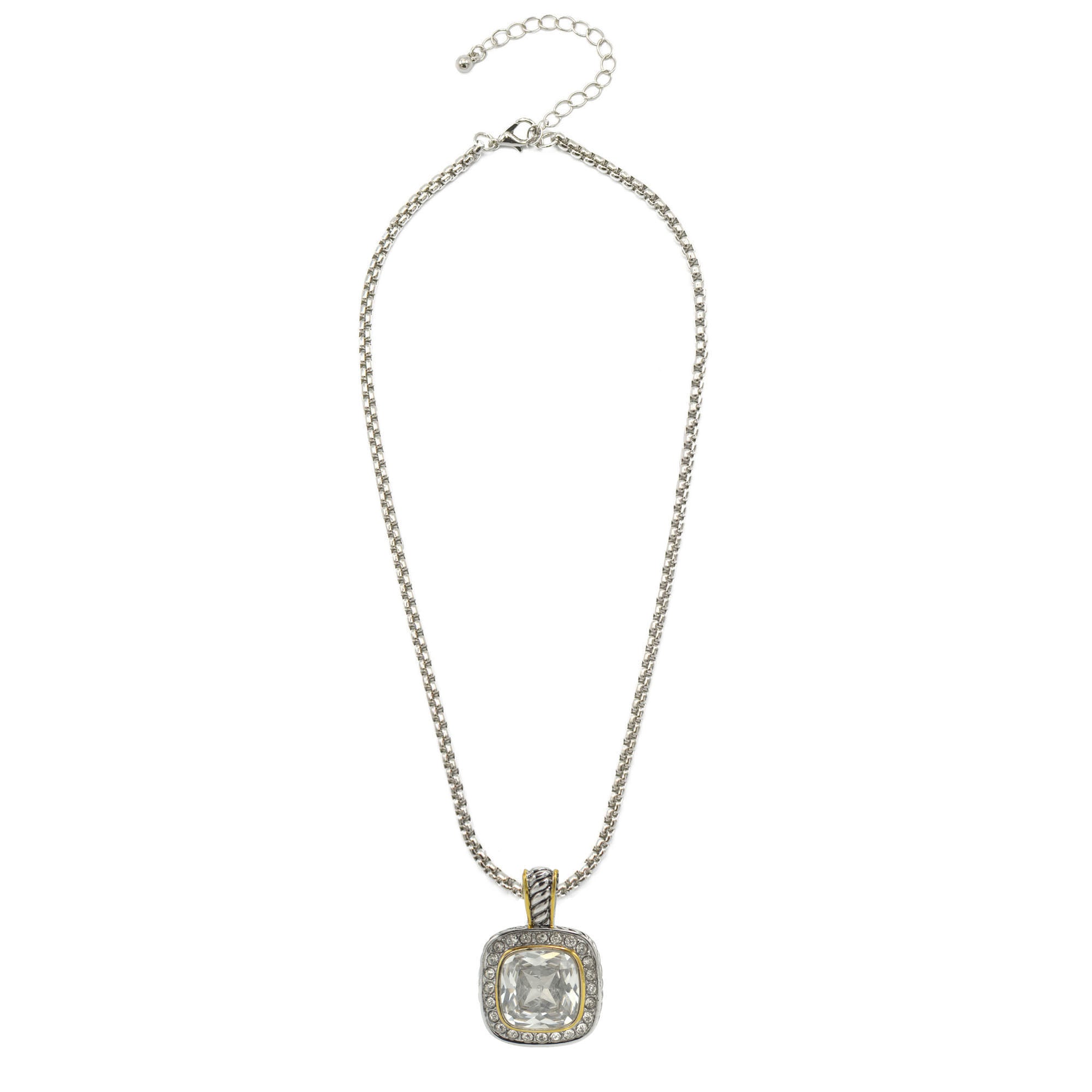 TWO TONE SQUARE CLEAR CRYSTAL AND RHINESTONES ENGRAVED PENDANT BOX CHAIN NECKLACE #93099EH-CLEAR FF12