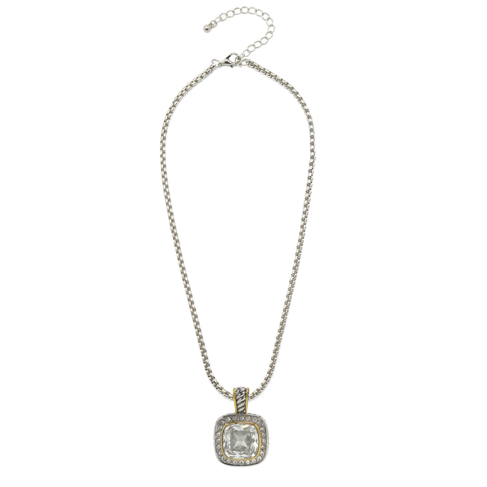 TWO TONE SQUARE CLEAR CRYSTAL AND RHINESTONES ENGRAVED PENDANT BOX CHAIN NECKLACE #93099EH-CLEAR