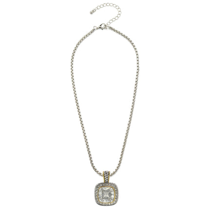 TWO TONE SQUARE CLEAR CRYSTAL AND RHINESTONES ENGRAVED PENDANT BOX CHAIN NECKLACE #93099EH-CLEAR