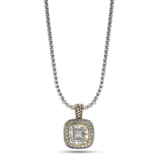 TWO TONE SQUARE CLEAR CRYSTAL AND RHINESTONES ENGRAVED PENDANT BOX CHAIN NECKLACE #93099EH-CLEAR FF12