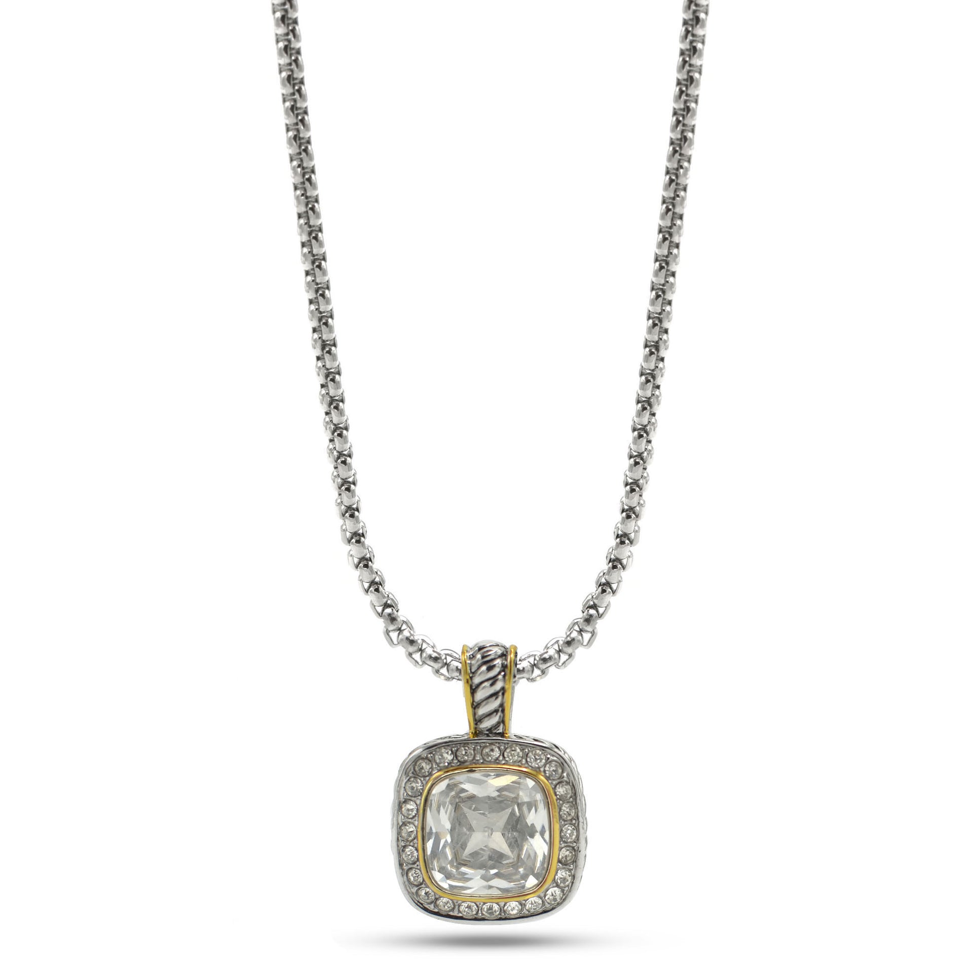 TWO TONE SQUARE CLEAR CRYSTAL AND RHINESTONES ENGRAVED PENDANT BOX CHAIN NECKLACE #93099EH-CLEAR