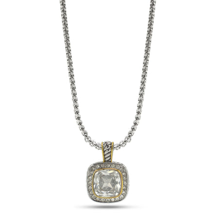 TWO TONE SQUARE CLEAR CRYSTAL AND RHINESTONES ENGRAVED PENDANT BOX CHAIN NECKLACE #93099EH-CLEAR